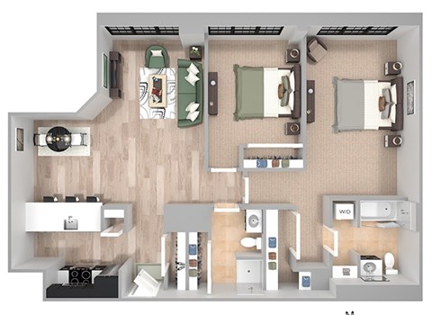 Floor plan for 2 beds, 2 baths, 1140 sqft